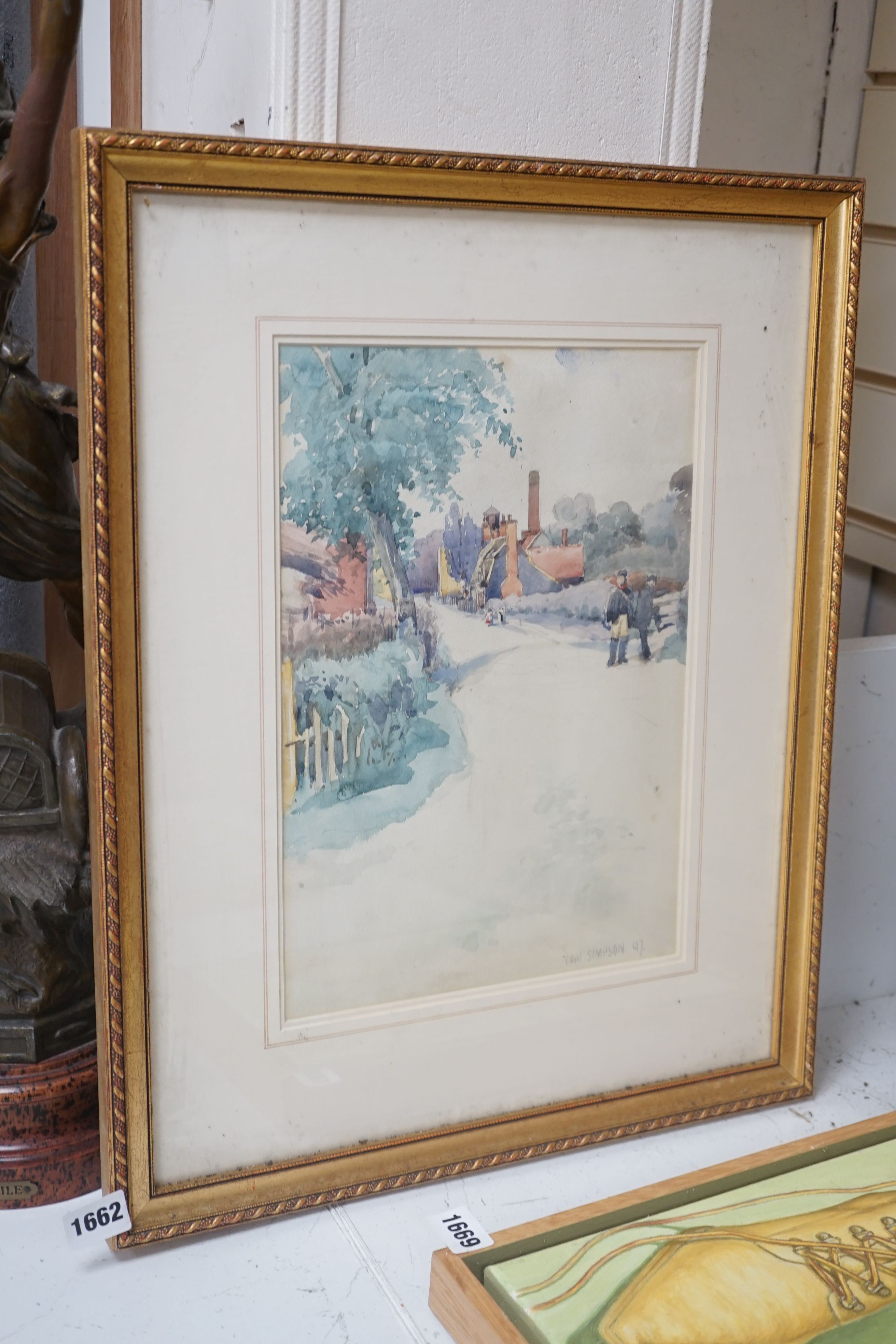 Thomas Simpson (exh.1887-1926), watercolour, Village street scene, signed and dated '97, 33 x 23cm